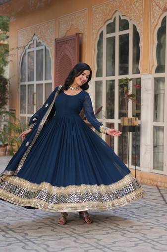 Blue Faux Blooming Zari & Sequins Embroidered Gown     Festive & Wedding Collection