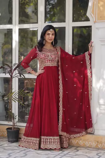 Maroon Faux Blooming Heavy Embroidered Gown     Wedding & Designer Collection