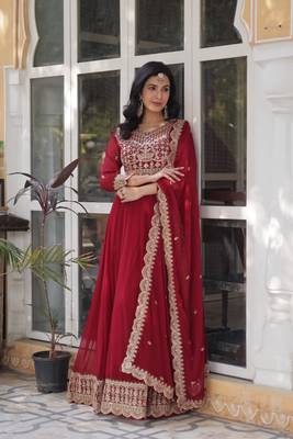 Maroon Faux Blooming Heavy Embroidered Gown     Wedding & Designer Collection 2