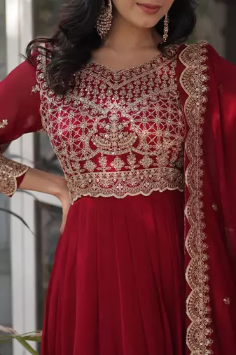 Maroon Faux Blooming Heavy Embroidered Gown     Wedding & Designer Collection