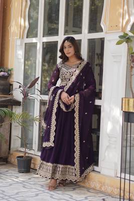Wine Faux Blooming Heavy Embroidered Gown     Wedding Wear 1