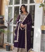 Wine Faux Blooming Heavy Embroidered Gown     Wedding Wear