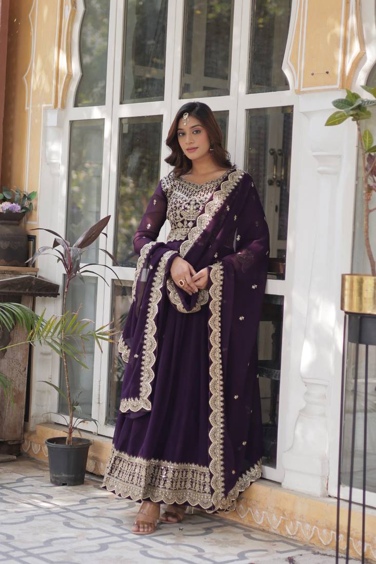 Wine Faux Blooming Heavy Embroidered Gown     Wedding Wear