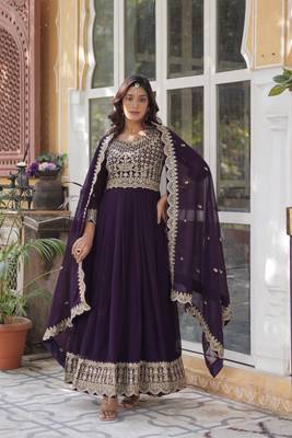 Wine Faux Blooming Heavy Embroidered Gown     Wedding Wear 2