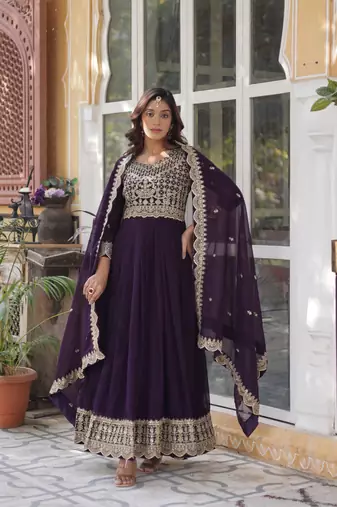 Wine Faux Blooming Heavy Embroidered Gown     Wedding Wear