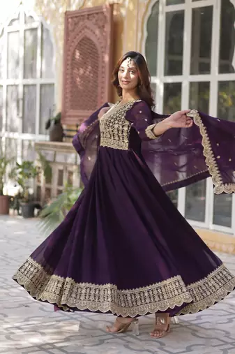 Wine Faux Blooming Heavy Embroidered Gown     Wedding Wear