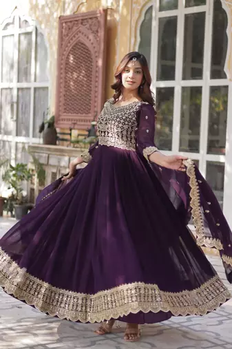 Wine Faux Blooming Heavy Embroidered Gown     Wedding Wear