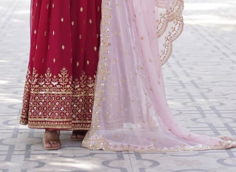 Red Faux Blooming Heavy Zari   Sequins Embroidered Gown