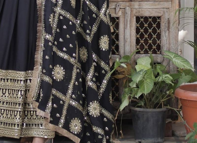 Black Star Georgette Gown with Heavy Zari & Sequins Embroidery     Party & Wedding Wear