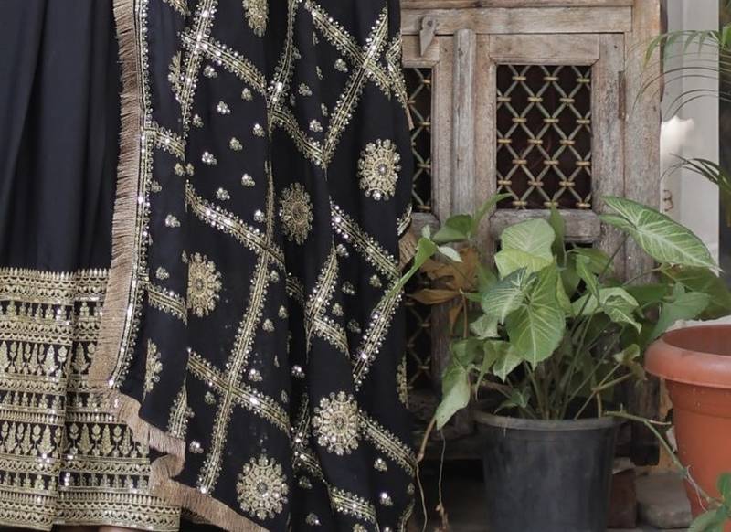 Black Star Georgette Gown with Heavy Zari & Sequins Embroidery     Party & Wedding Wear