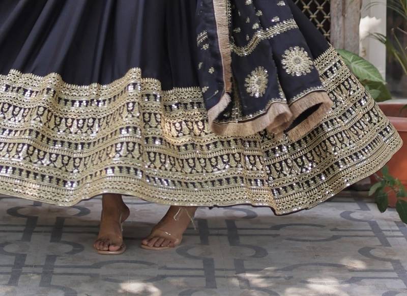 Black Star Georgette Gown with Heavy Zari & Sequins Embroidery     Party & Wedding Wear