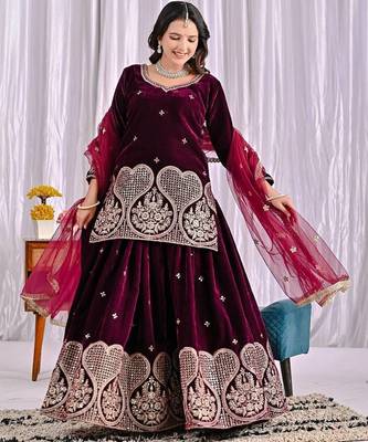 Wine viscous velvet party wear embroidery sharara suit set 1