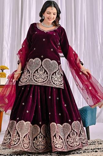 Wine viscous velvet party wear embroidery sharara suit set