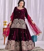 Wine viscous velvet party wear embroidery sharara suit set