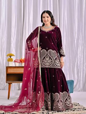 Wine viscous velvet party wear embroidery sharara suit set 3