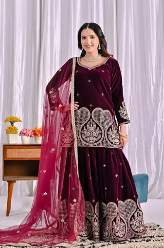 Wine viscous velvet party wear embroidery sharara suit set
