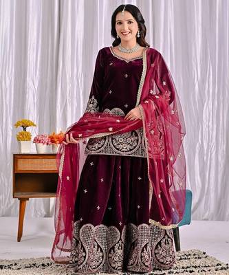 Wine viscous velvet party wear embroidery sharara suit set 4