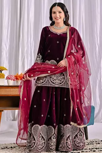 Wine viscous velvet party wear embroidery sharara suit set