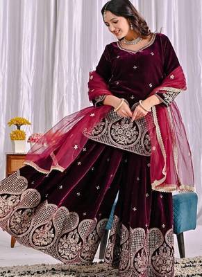 Wine viscous velvet party wear embroidery sharara suit set 5