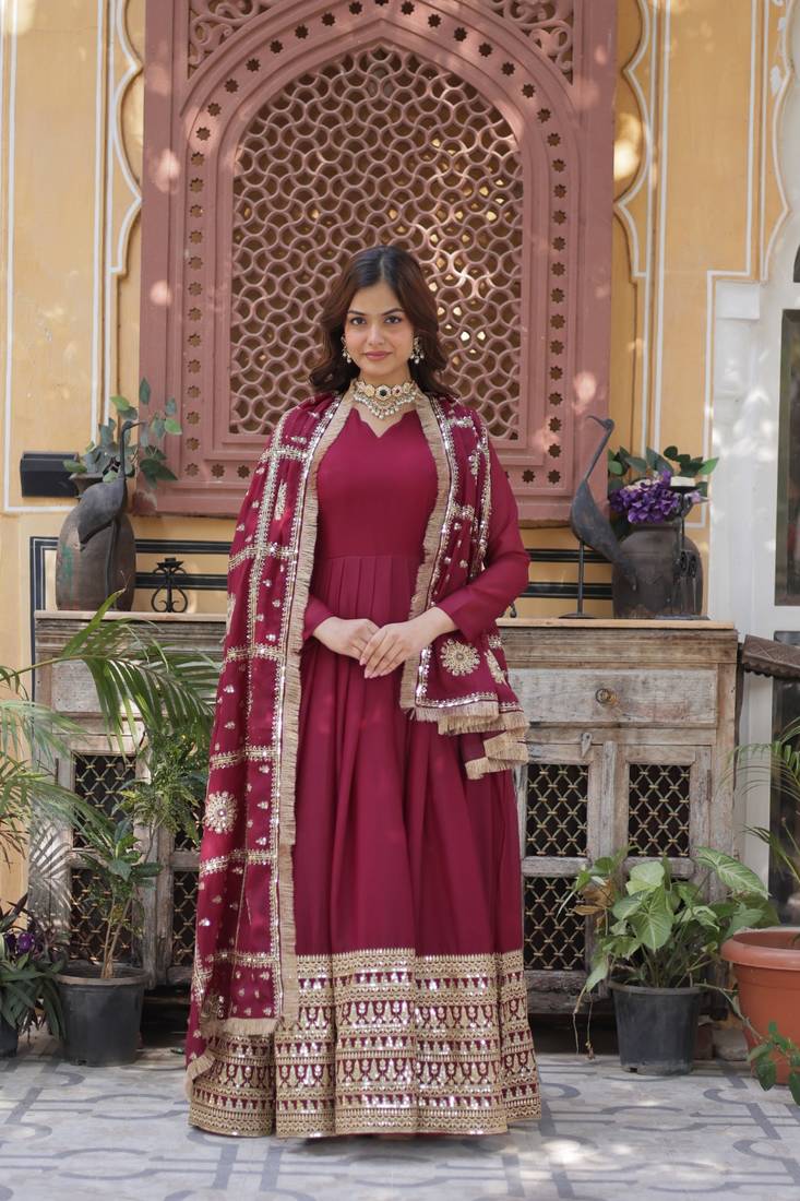  Maroon Star Georgette Zari   Sequins Embroidered Gown     Wedding & Party Wear