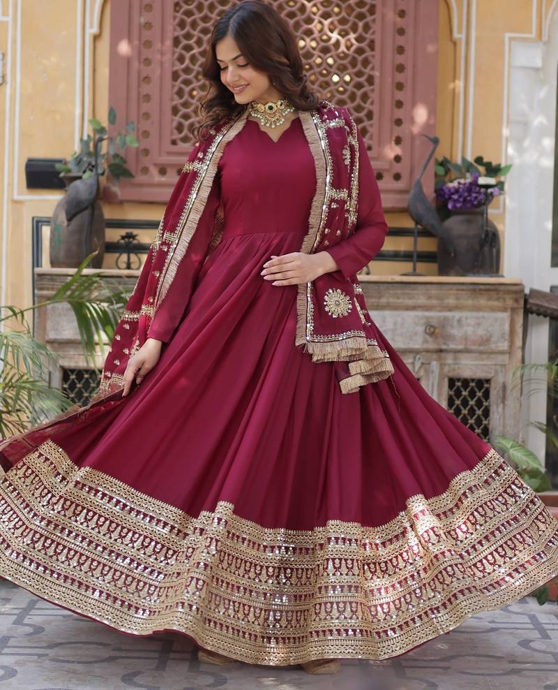 Maroon Star Georgette Zari   Sequins Embroidered Gown     Wedding & Party Wear