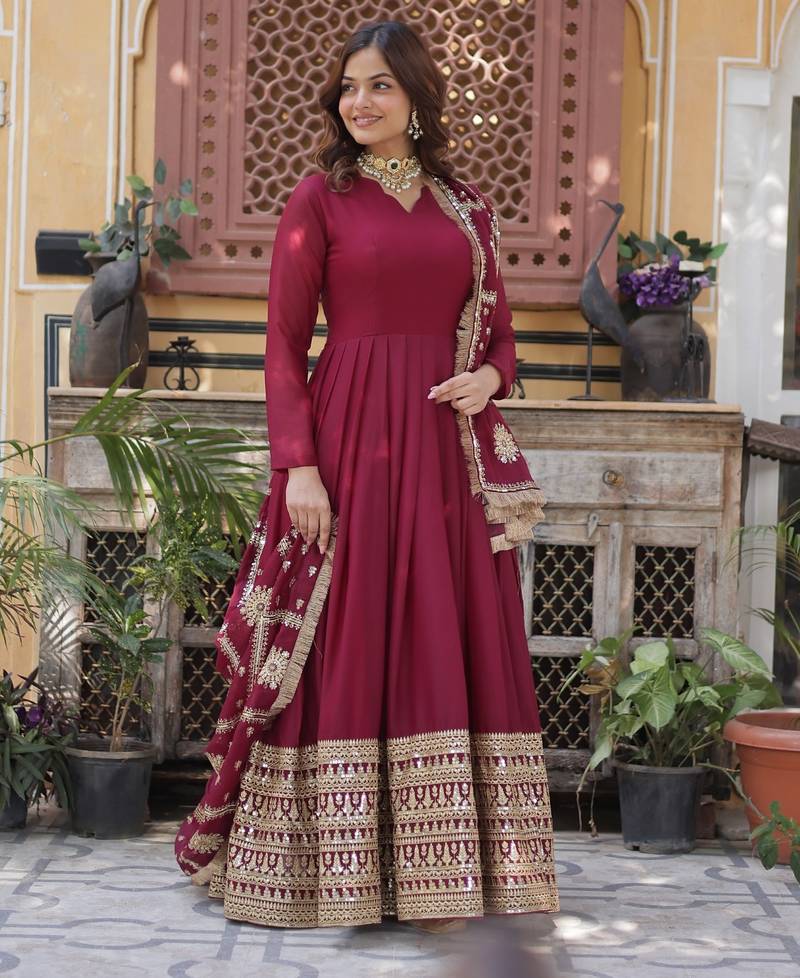  Maroon Star Georgette Zari   Sequins Embroidered Gown     Wedding & Party Wear