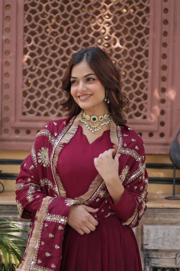  Maroon Star Georgette Zari   Sequins Embroidered Gown     Wedding & Party Wear