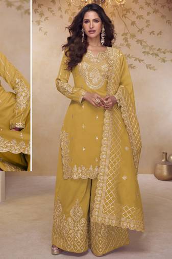 Yellow simar silk embroidered party wear Palazzo suit