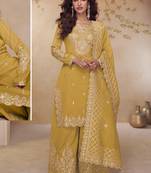 Yellow simar silk embroidered party wear Palazzo suit