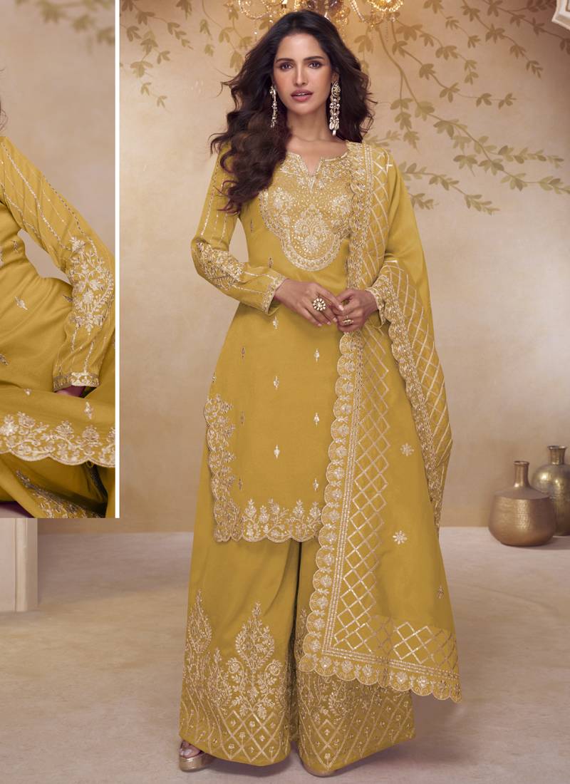 Yellow simar silk embroidered party wear Palazzo suit