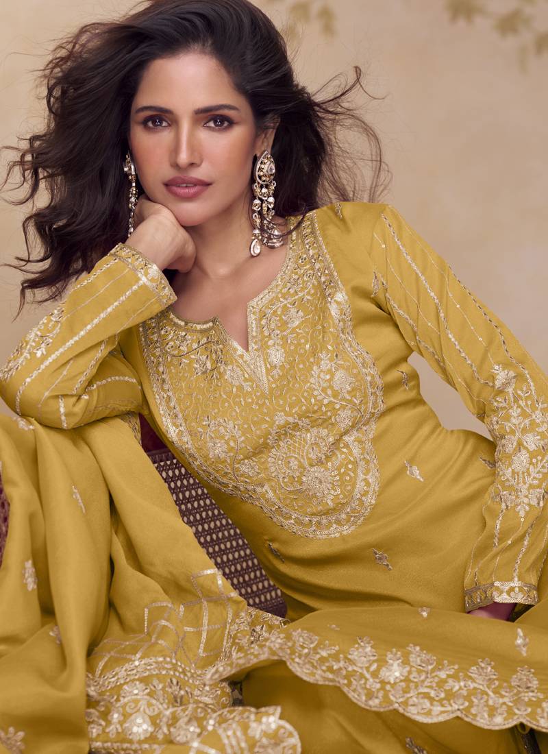 Yellow simar silk embroidered party wear Palazzo suit