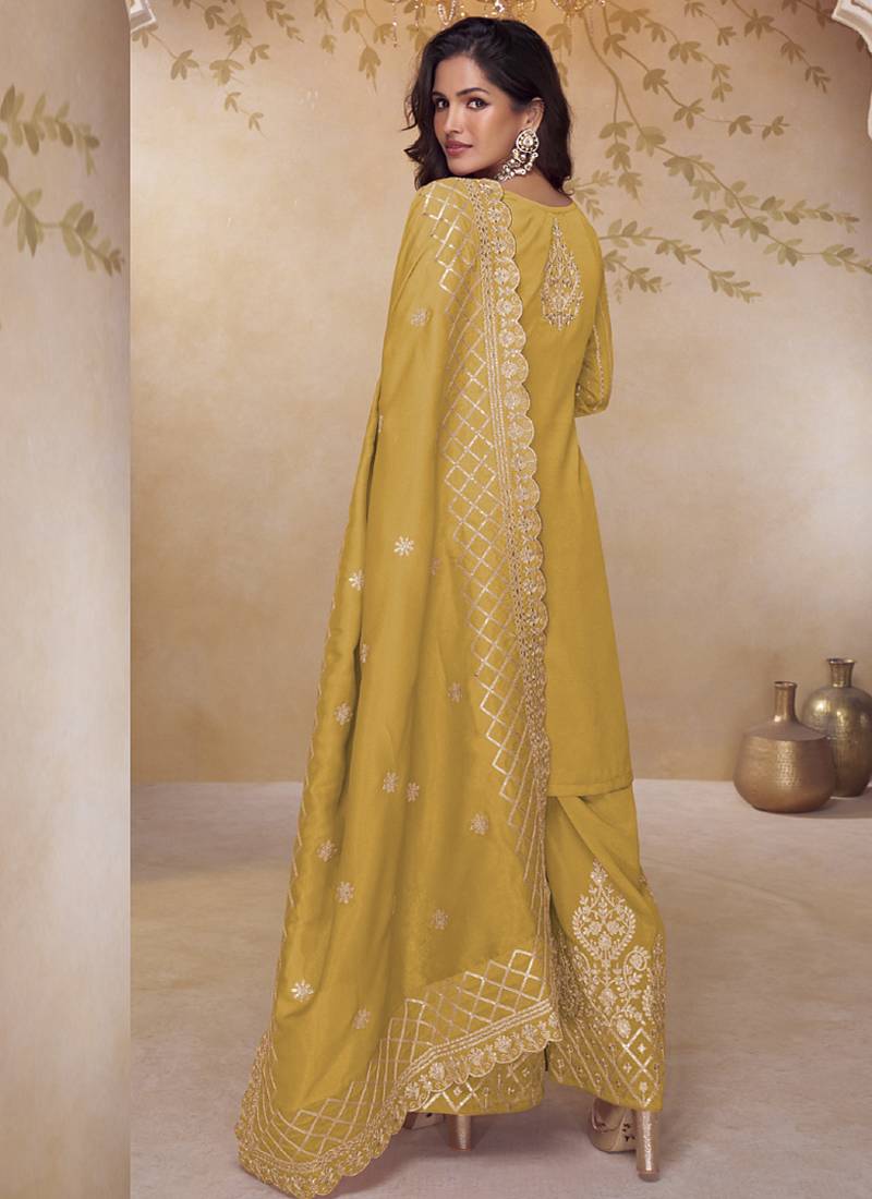 Yellow simar silk embroidered party wear Palazzo suit