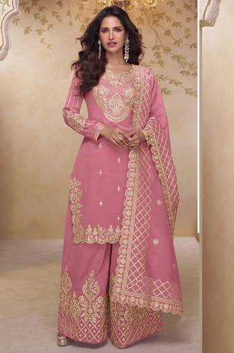 Pink simar silk embroidered party wear Palazzo suit