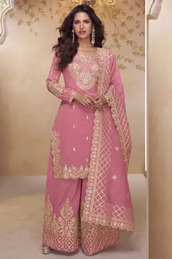 Pink simar silk embroidered party wear Palazzo suit