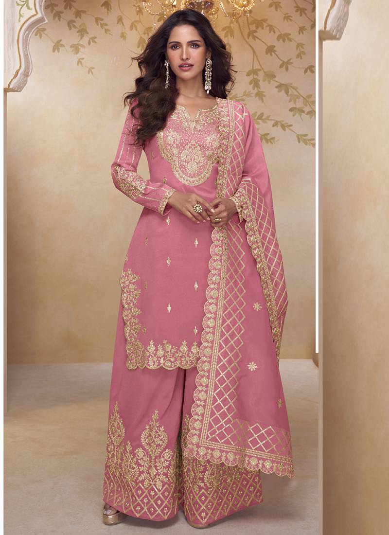 Pink simar silk embroidered party wear Palazzo suit
