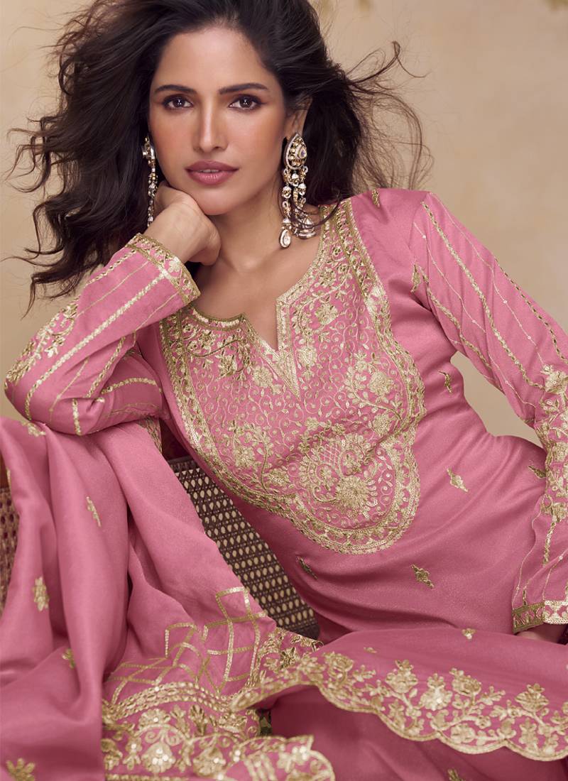 Pink simar silk embroidered party wear Palazzo suit