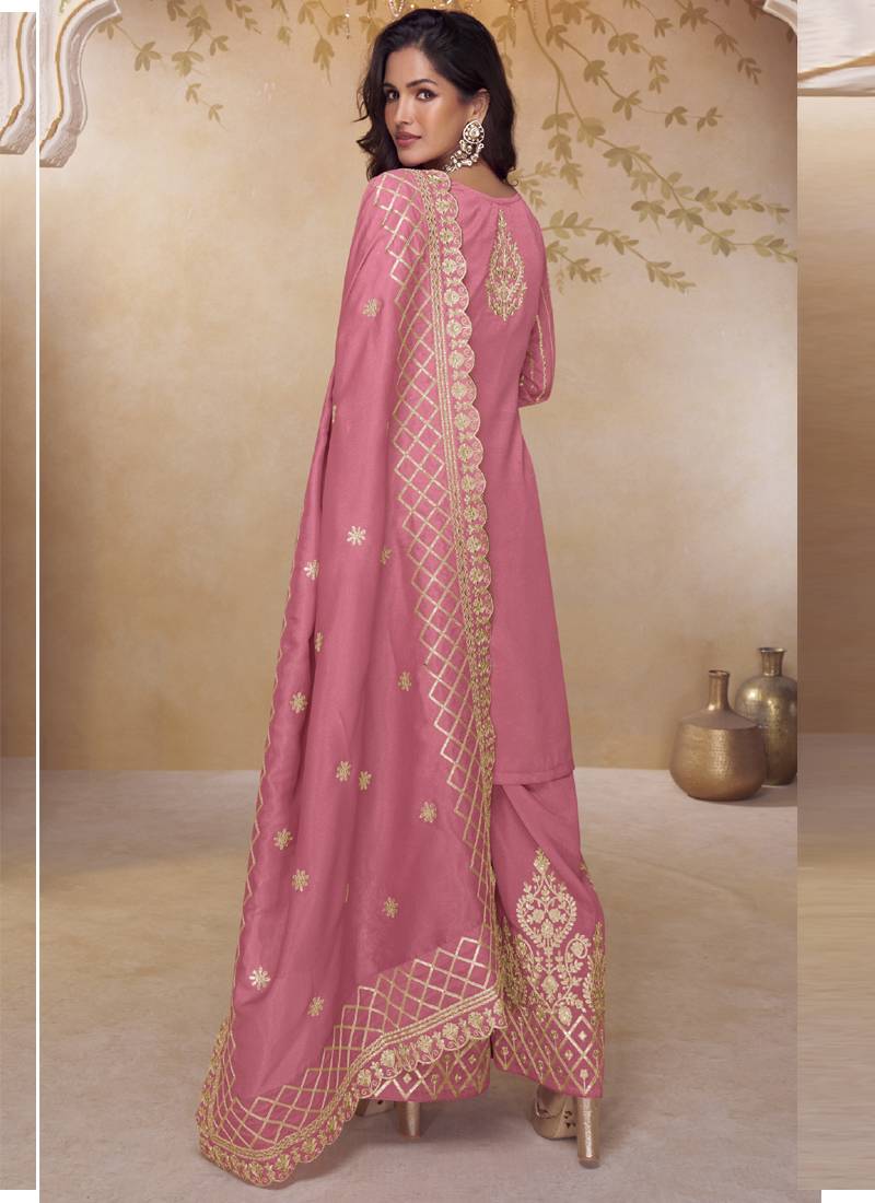 Pink simar silk embroidered party wear Palazzo suit