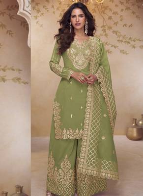 Green simar silk embroidered party wear Palazzo suit 1