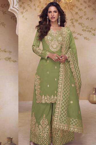 Green simar silk embroidered party wear Palazzo suit