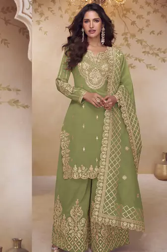 Green simar silk embroidered party wear Palazzo suit
