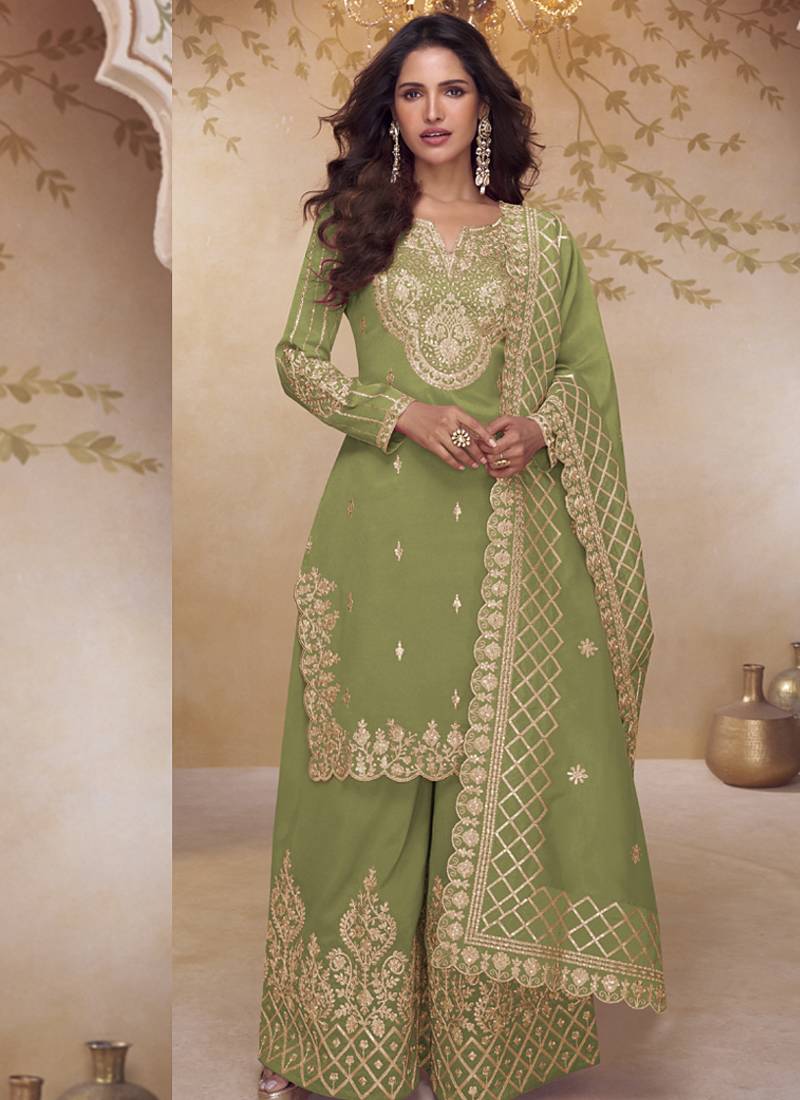 Green simar silk embroidered party wear Palazzo suit