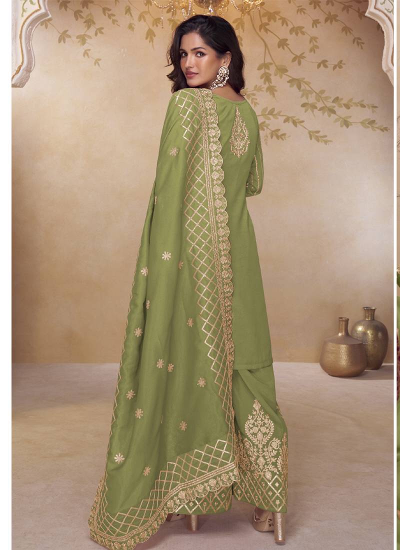Green simar silk embroidered party wear Palazzo suit