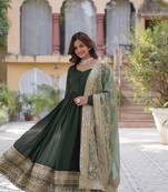Green Shimmer Vichitra Gown with Heavy Sequins Embroidery & Designer Fendi Dupatta | Wedding & Festive Wear