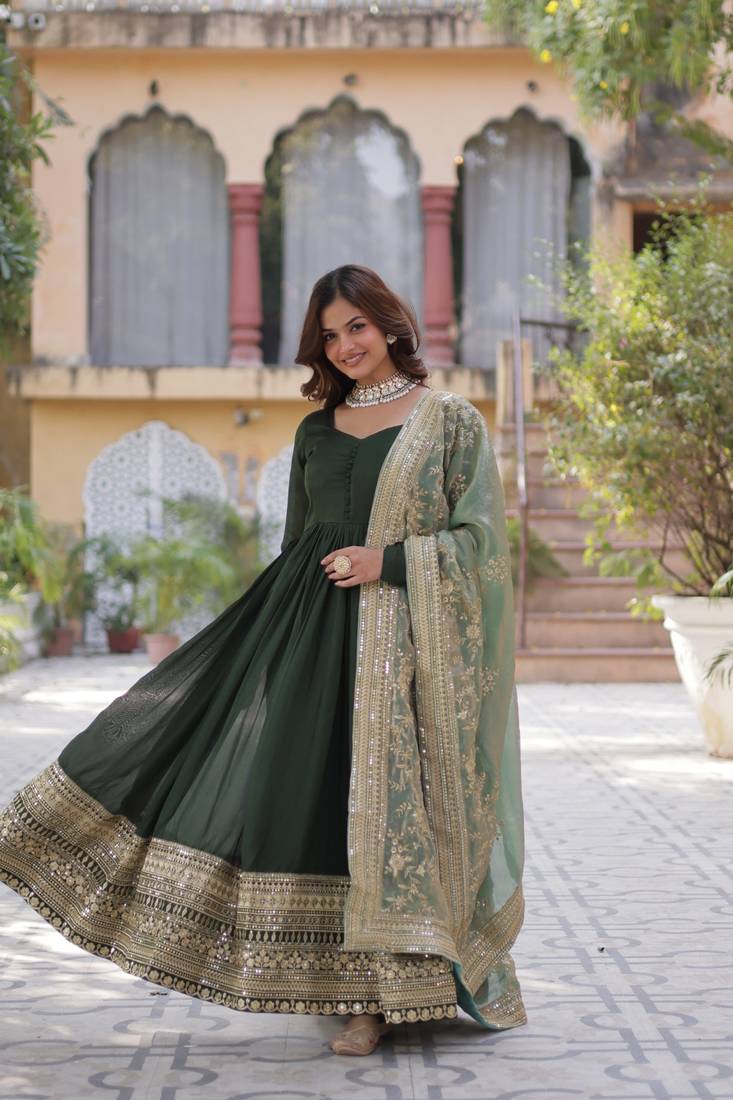 Green Shimmer Vichitra Gown with Heavy Sequins Embroidery & Designer Fendi Dupatta | Wedding & Festive Wear