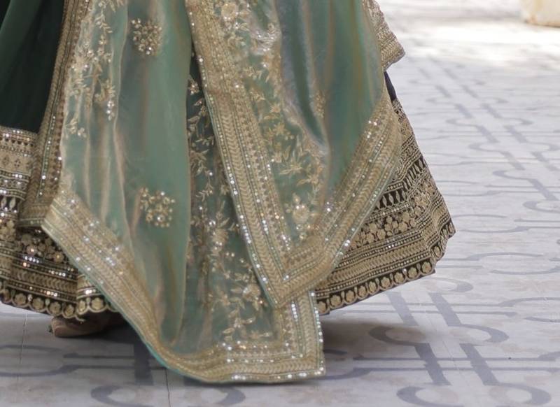 Green Shimmer Vichitra Gown with Heavy Sequins Embroidery & Designer Fendi Dupatta | Wedding & Festive Wear