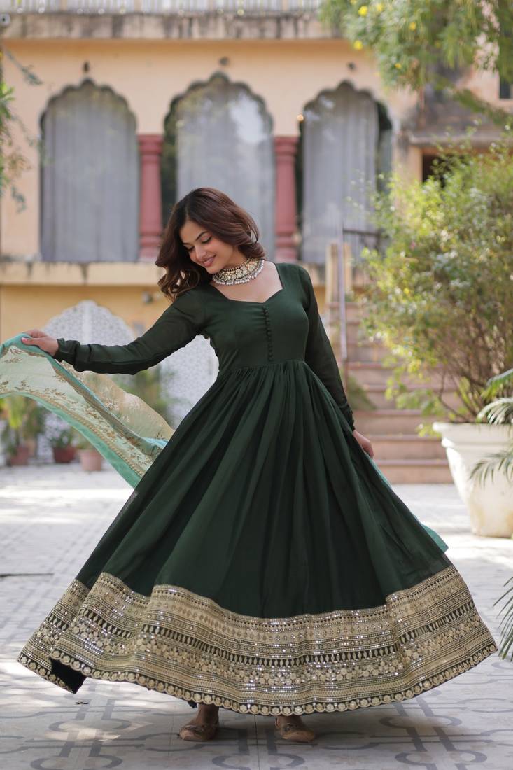 Green Shimmer Vichitra Gown with Heavy Sequins Embroidery & Designer Fendi Dupatta | Wedding & Festive Wear