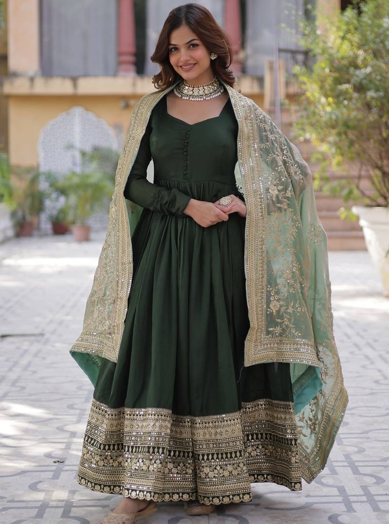 Green Shimmer Vichitra Gown with Heavy Sequins Embroidery & Designer Fendi Dupatta | Wedding & Festive Wear