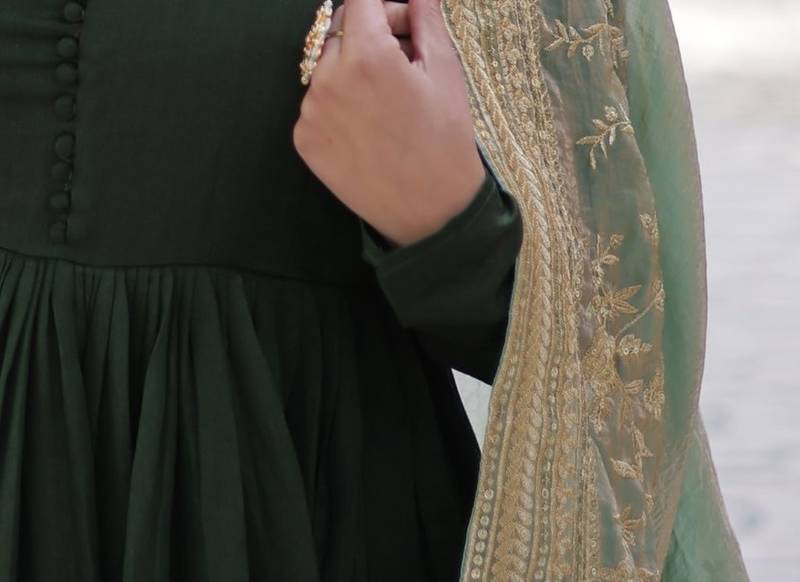 Green Shimmer Vichitra Gown with Heavy Sequins Embroidery & Designer Fendi Dupatta | Wedding & Festive Wear