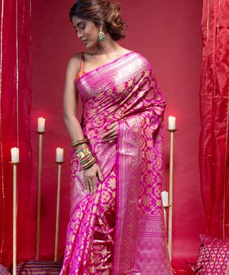 Banarasi chanderi silk saree in magenta color with full work zari jall and motifs 1