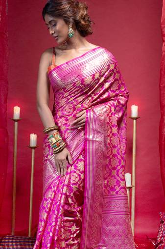 Banarasi chanderi silk saree in magenta color with full work zari jall and motifs